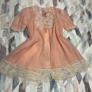Baby pink vintage peignoir set of nightgown slip and sheer robe with lace
